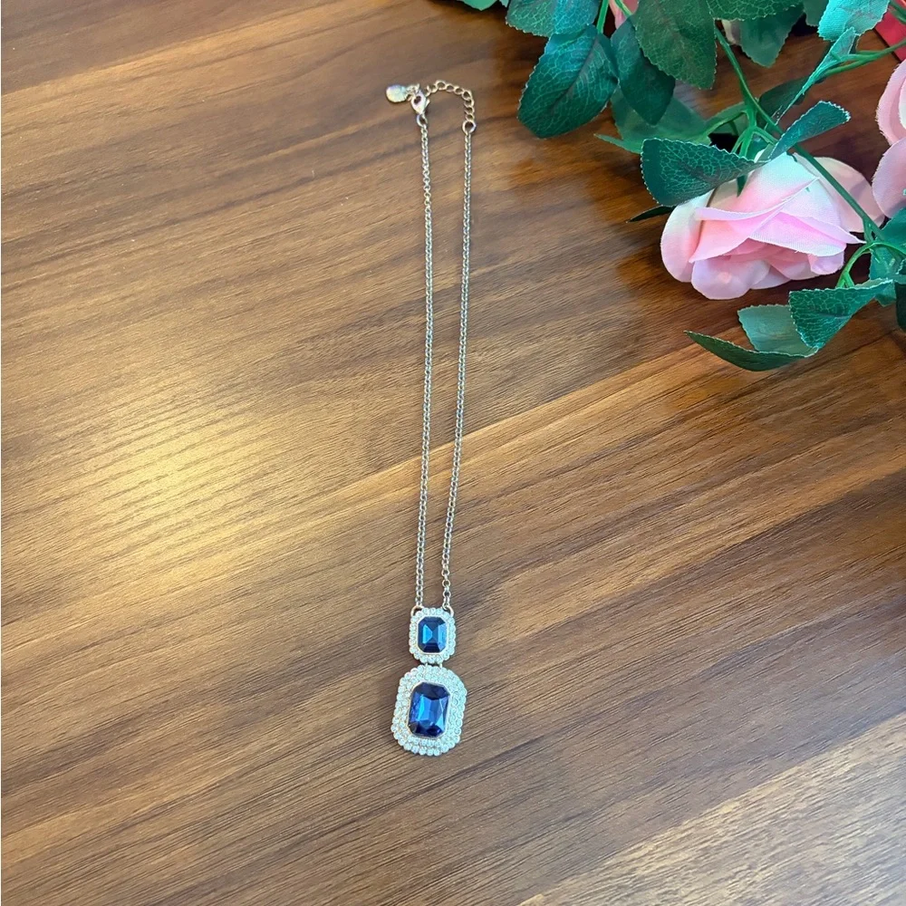 Monet JcPenney Bauble Bar Blue and Gold Rhinestone Necklace